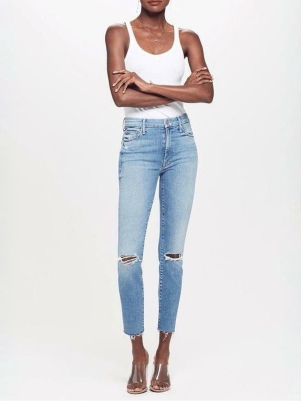 MOTHER, skinny blue jeans, looker ankle fray, shoot to thrill destroyed size 24